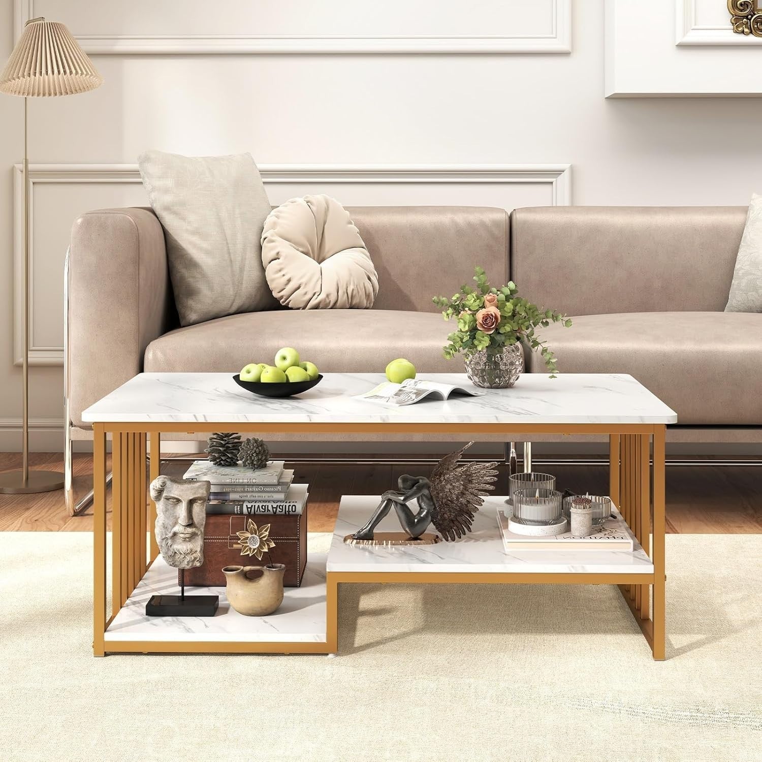 White Gold 3-Tier Coffee Table with Open Storage Shelves Faux Marble Modern