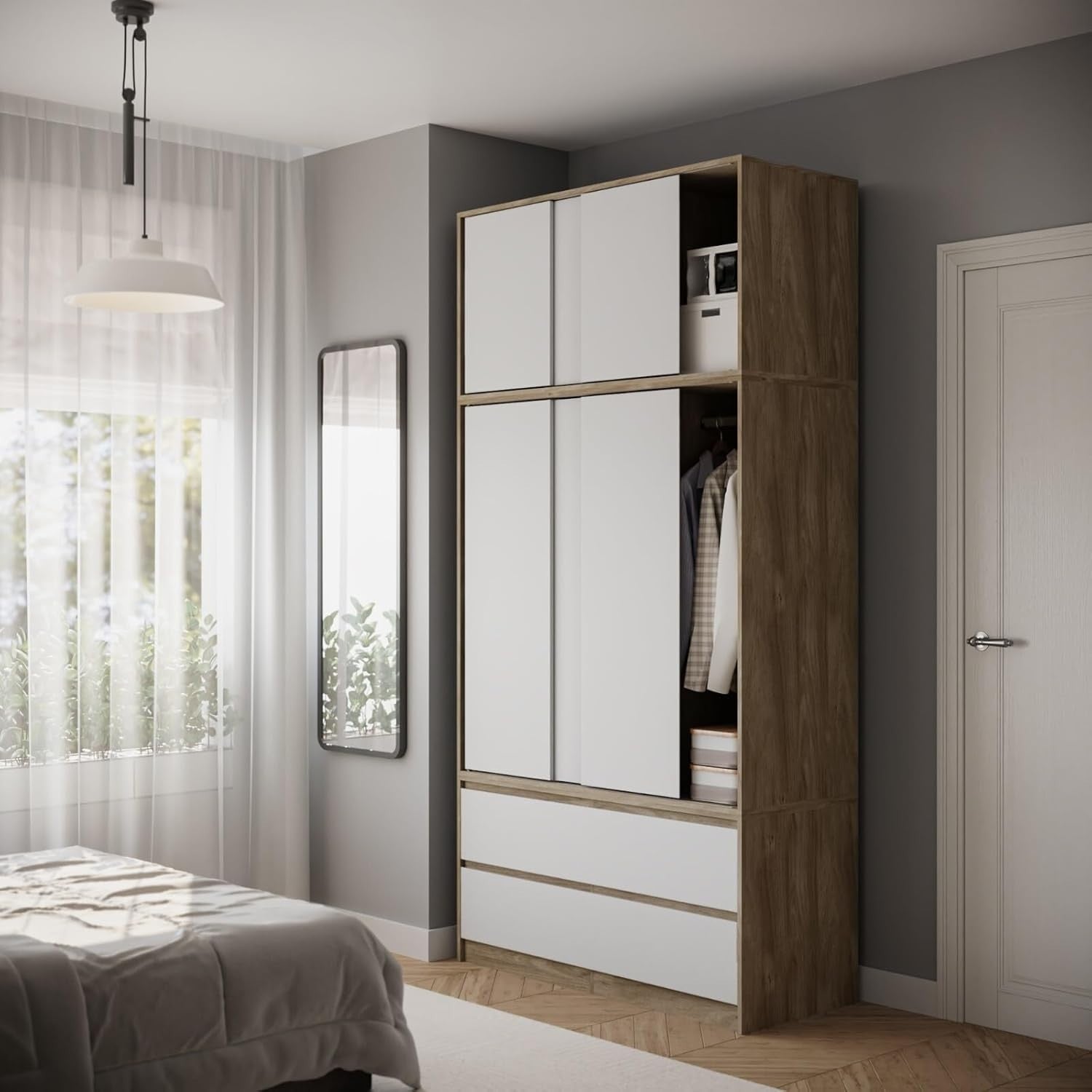 White 6 Door Sliding Wardrobe with Drawers 240cm Storage Closet Unit