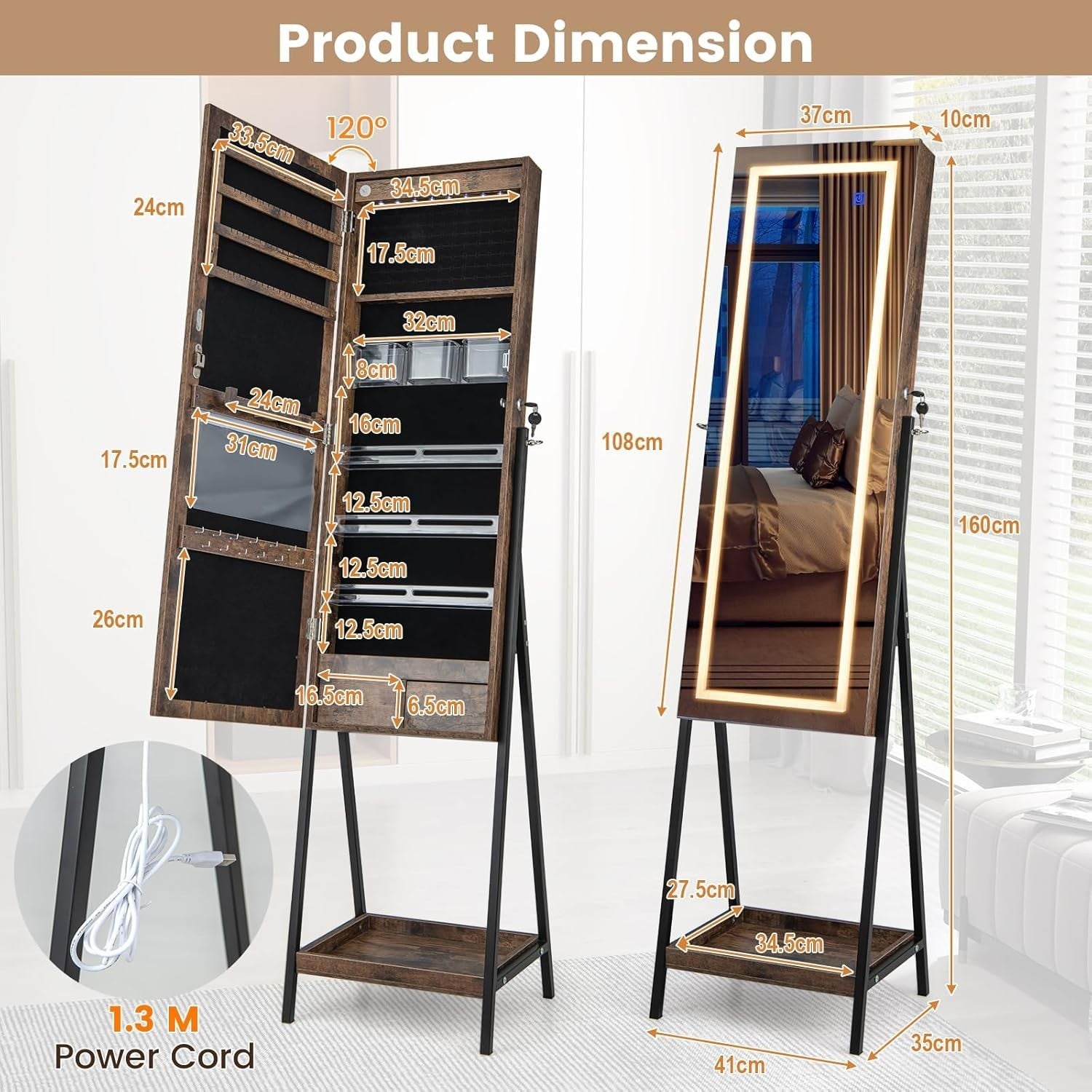 Rustic Brown LED Jewellery Cabinet Lockable Full Length Mirror Storage