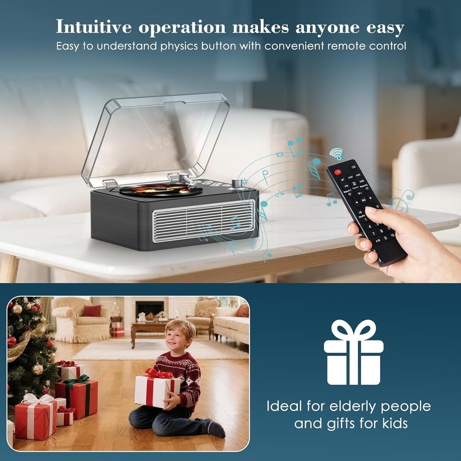 Retro Bluetooth CD Player FM Radio USB AUX HiFi Speakers Ebony