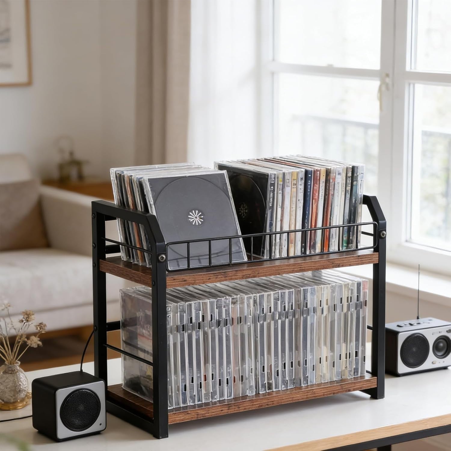 2 Tier CD Storage Rack Vinyl Record Shelf Organizer Holds 60 Discs