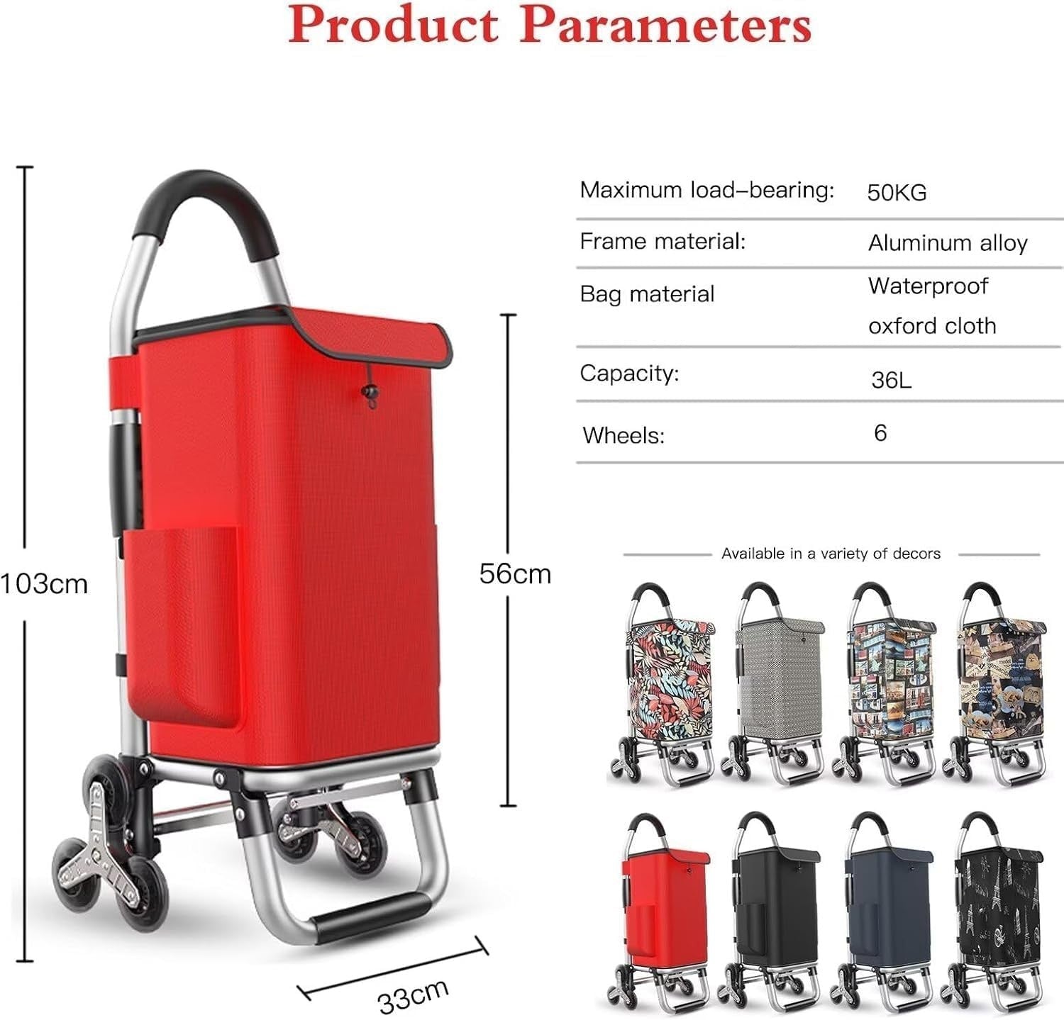 Foldable 6-Wheel Stair Climber Shopping Trolley 36L Red Lightweight 50kg