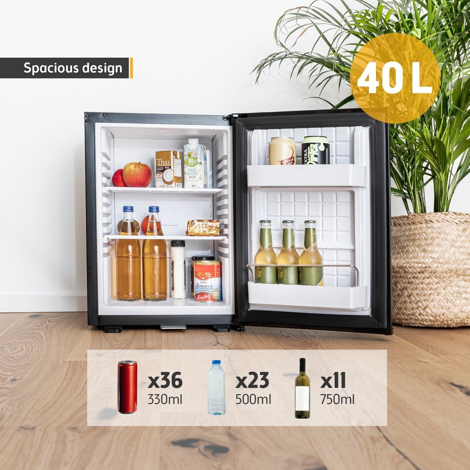 40L Mini Fridge Silent Lockable Compact LED Thermostat Freestanding