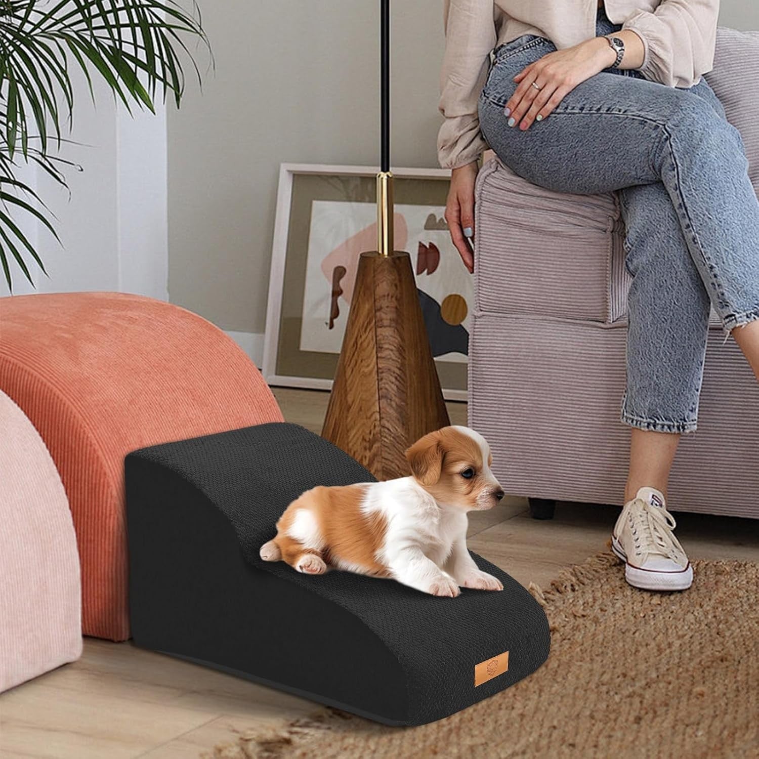 Black 2 Step Dog Ramp Stairs High Density Foam 55x40x30cm