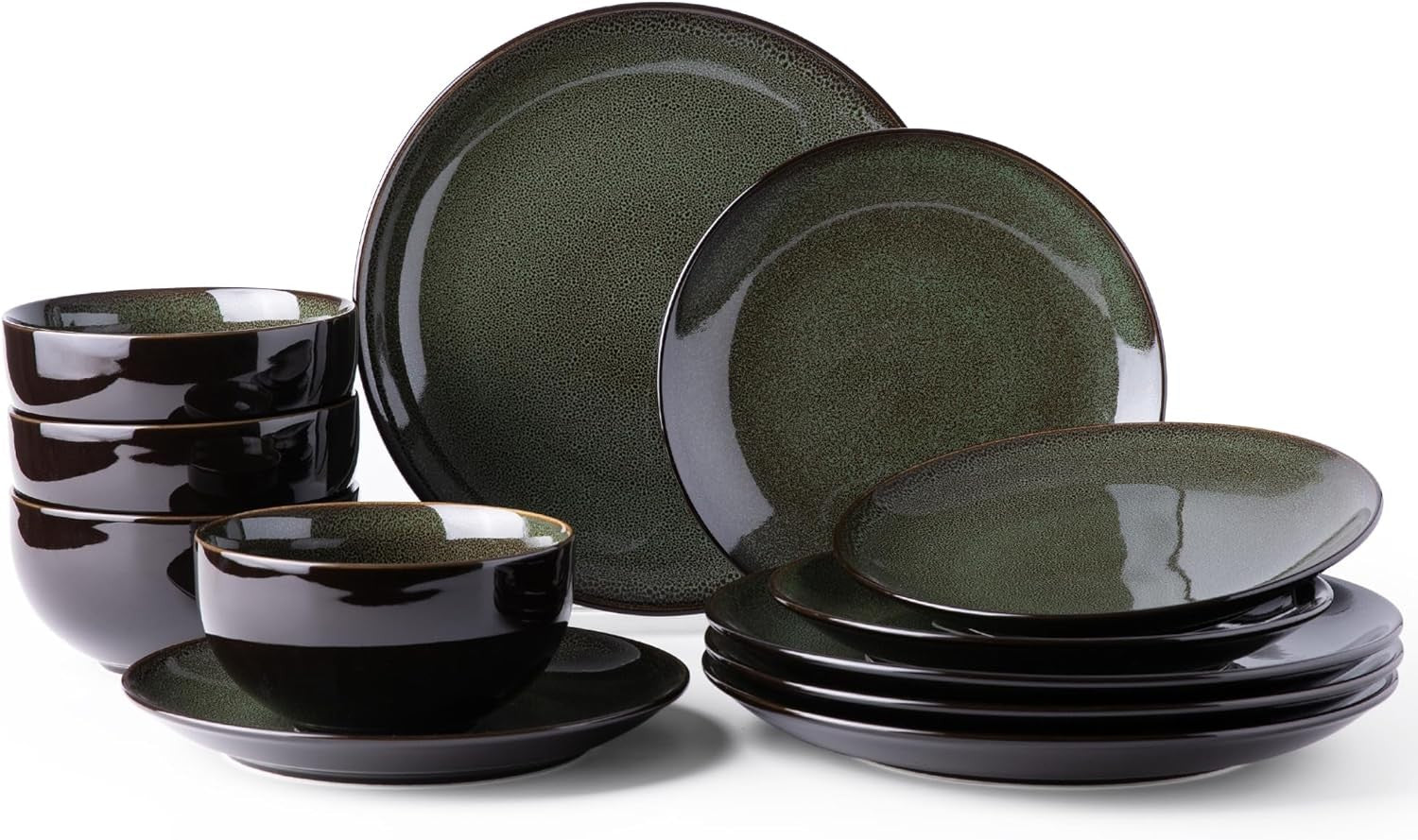 12 Piece Stoneware Dinner Set for 4 Jade Green Reactive Glaze Plates Bowls