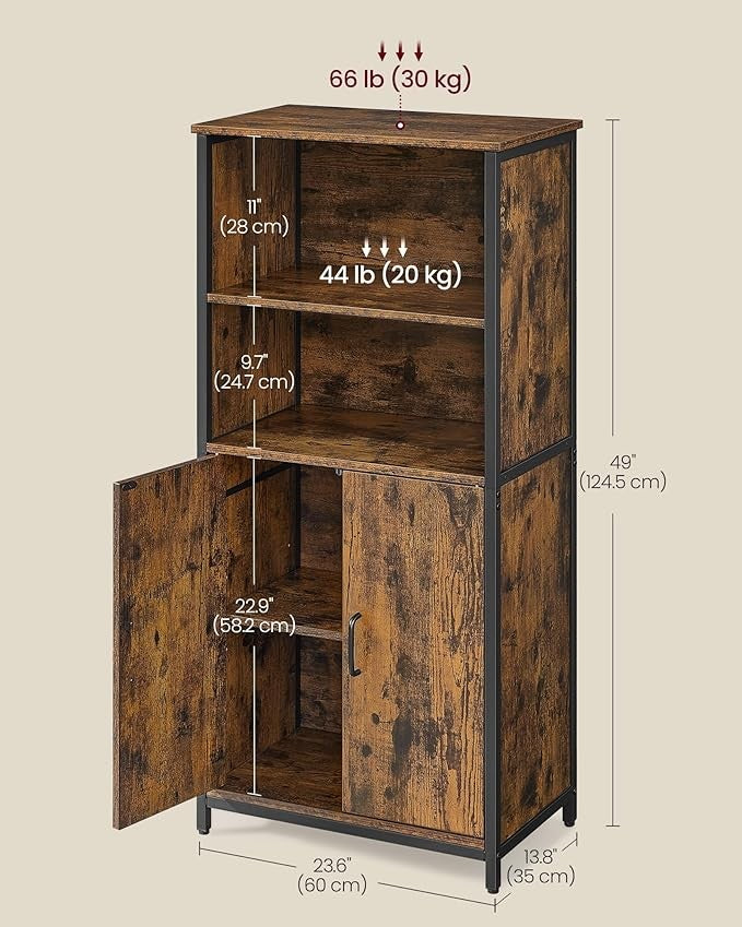 Rustic Brown Industrial Storage Cabinet with Shelves & Cupboard for Living Room