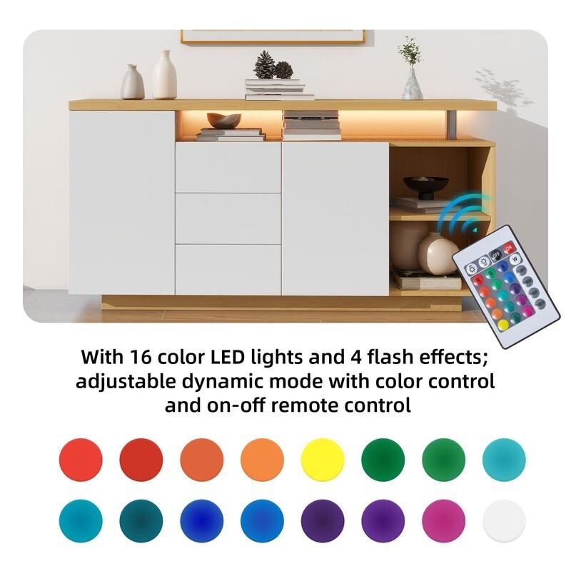 Modern White LED Sideboard Cabinet 2 Door 3 Drawer Push Open Storage