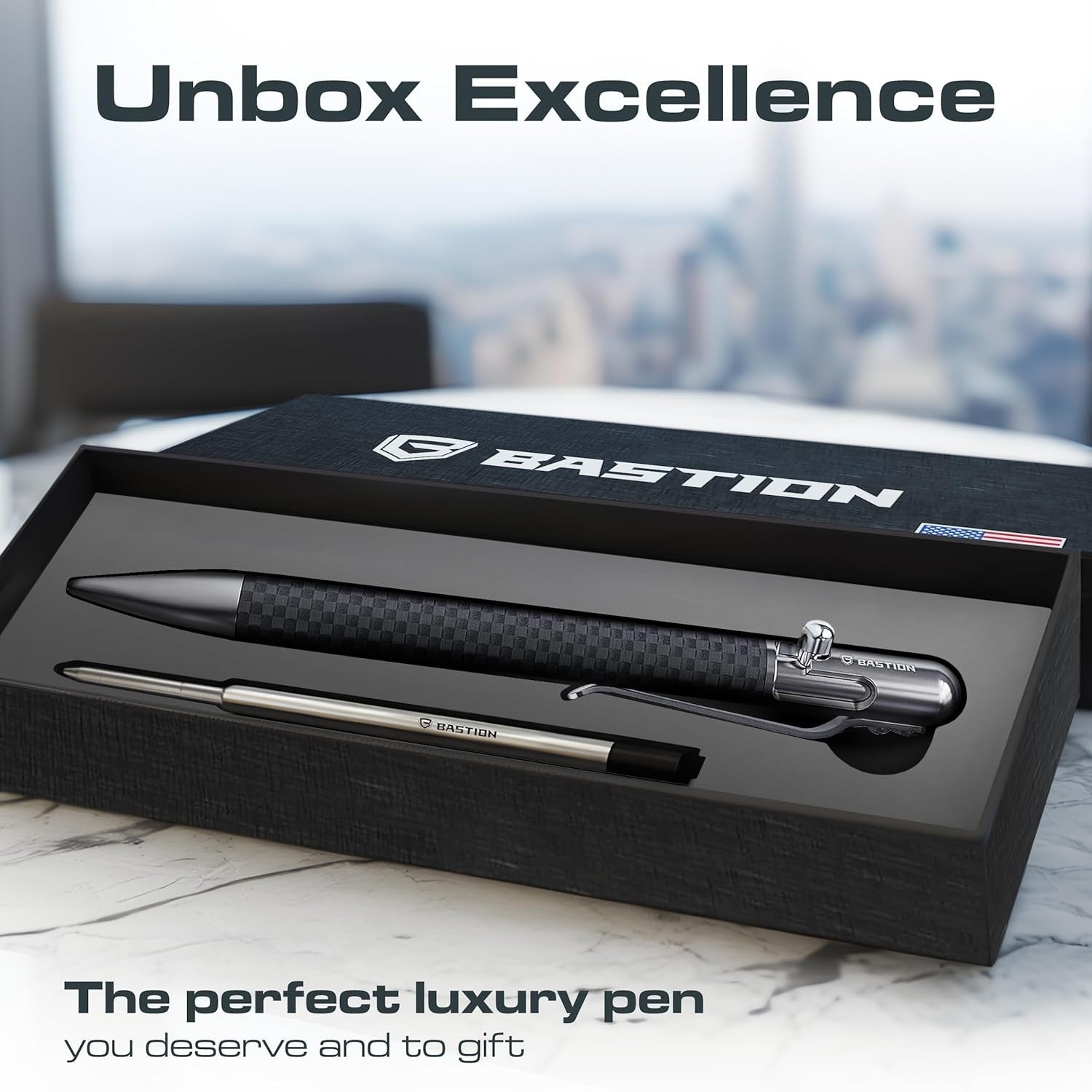 Luxury Carbon Fibre & Stainless Steel Ballpoint Pen – Slim, Bolt Action, Gift