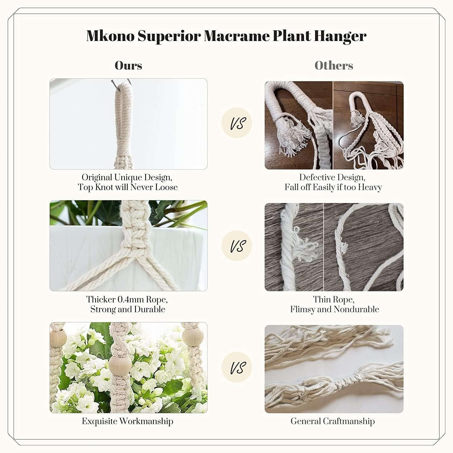Boho Macrame Plant Hangers Set of 4 – Indoor Outdoor Cotton Pots