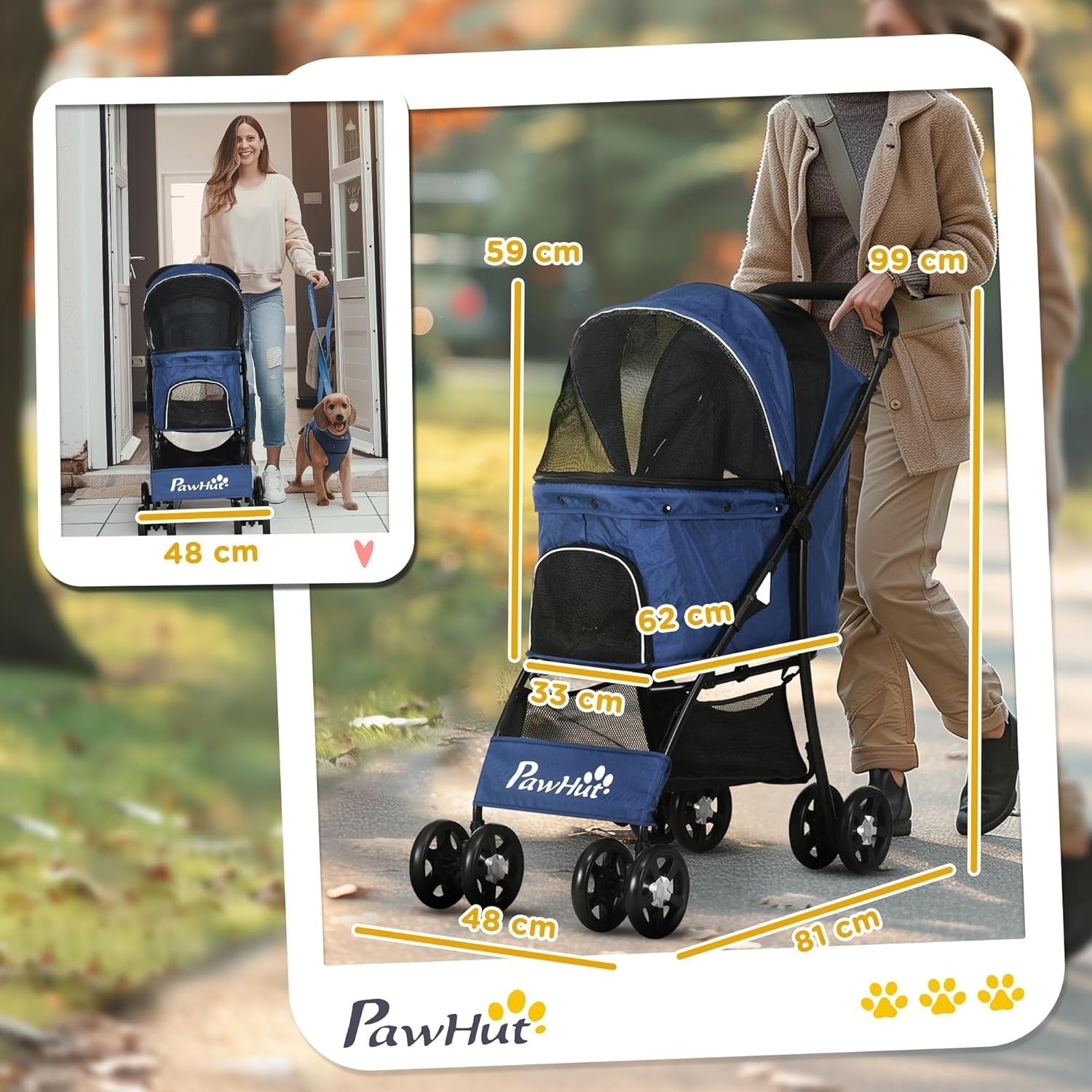 Blue Dog Stroller Pet Pushchair Foldable with Brakes Basket Small Pets