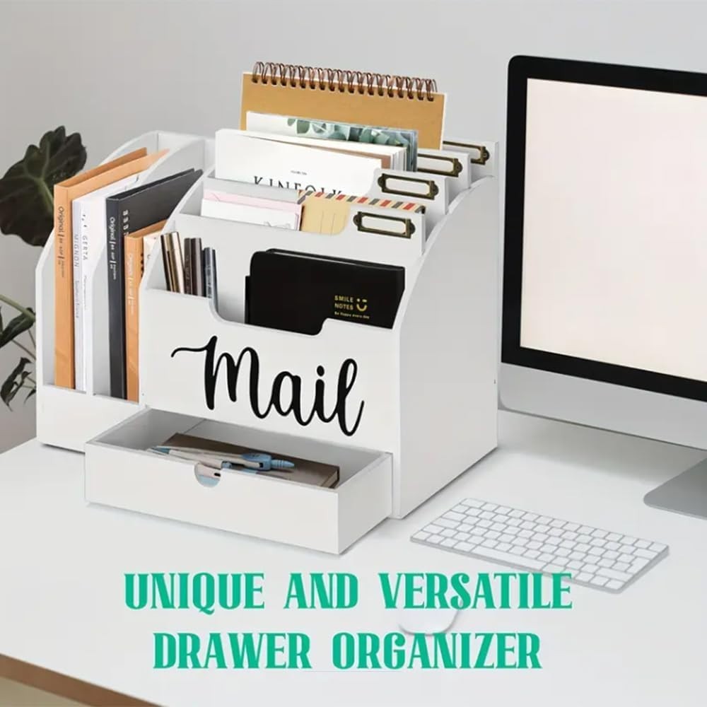 Wood Desk Organizer with 6 Compartments & Drawer – Mail, Files, Stationery
