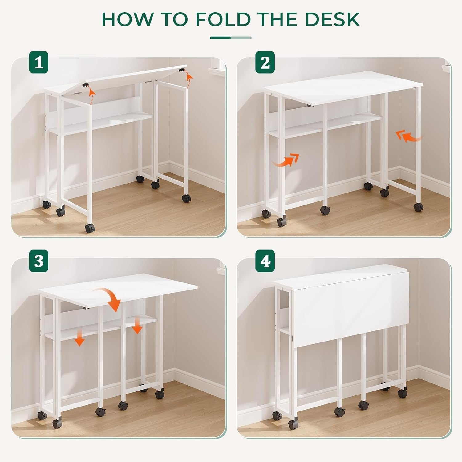 Folding Computer Desk Rolling Laptop Table with Storage Shelf Wheels White