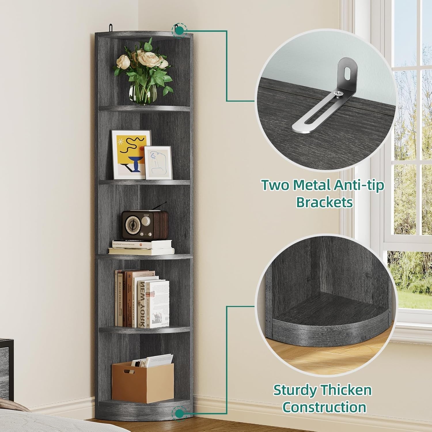 Tall Corner Shelf 5 Tier Modern Bookcase Space Saving Display Rack for Living Ro