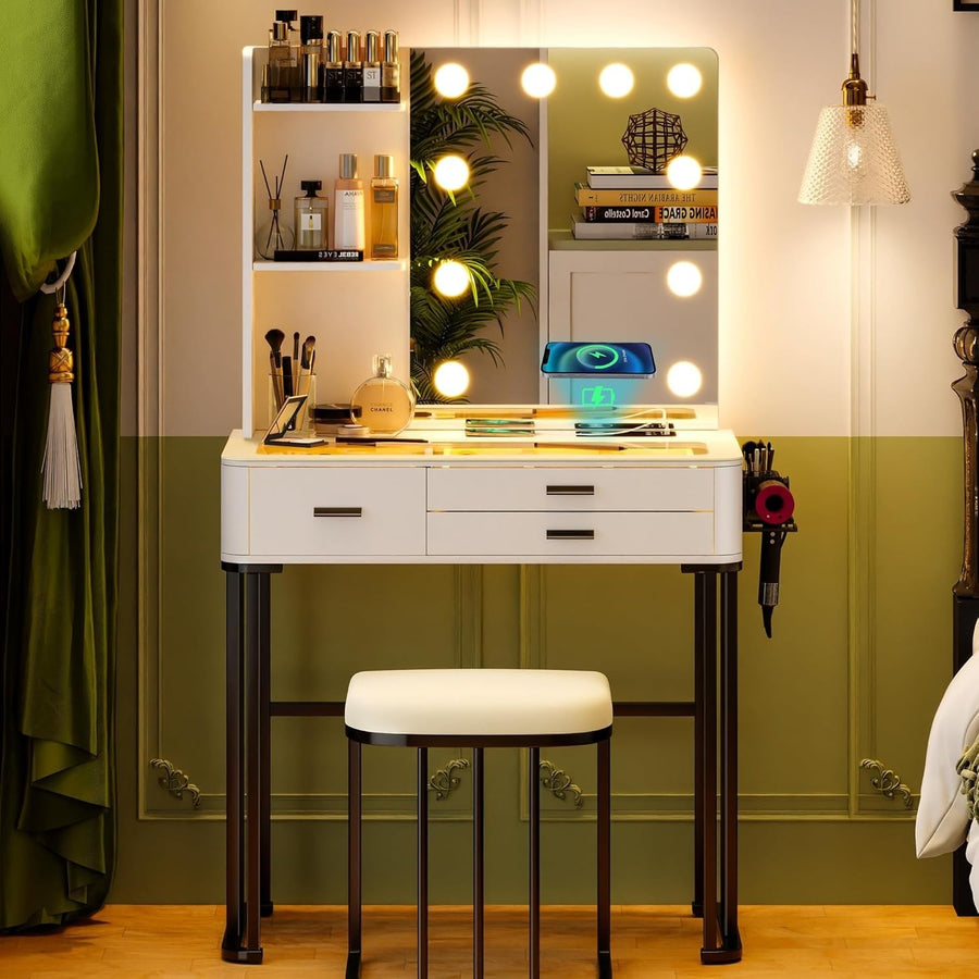 White Vanity Dressing Table LED Light Bulbs Power Strip 2 Drawers Storage Shelve