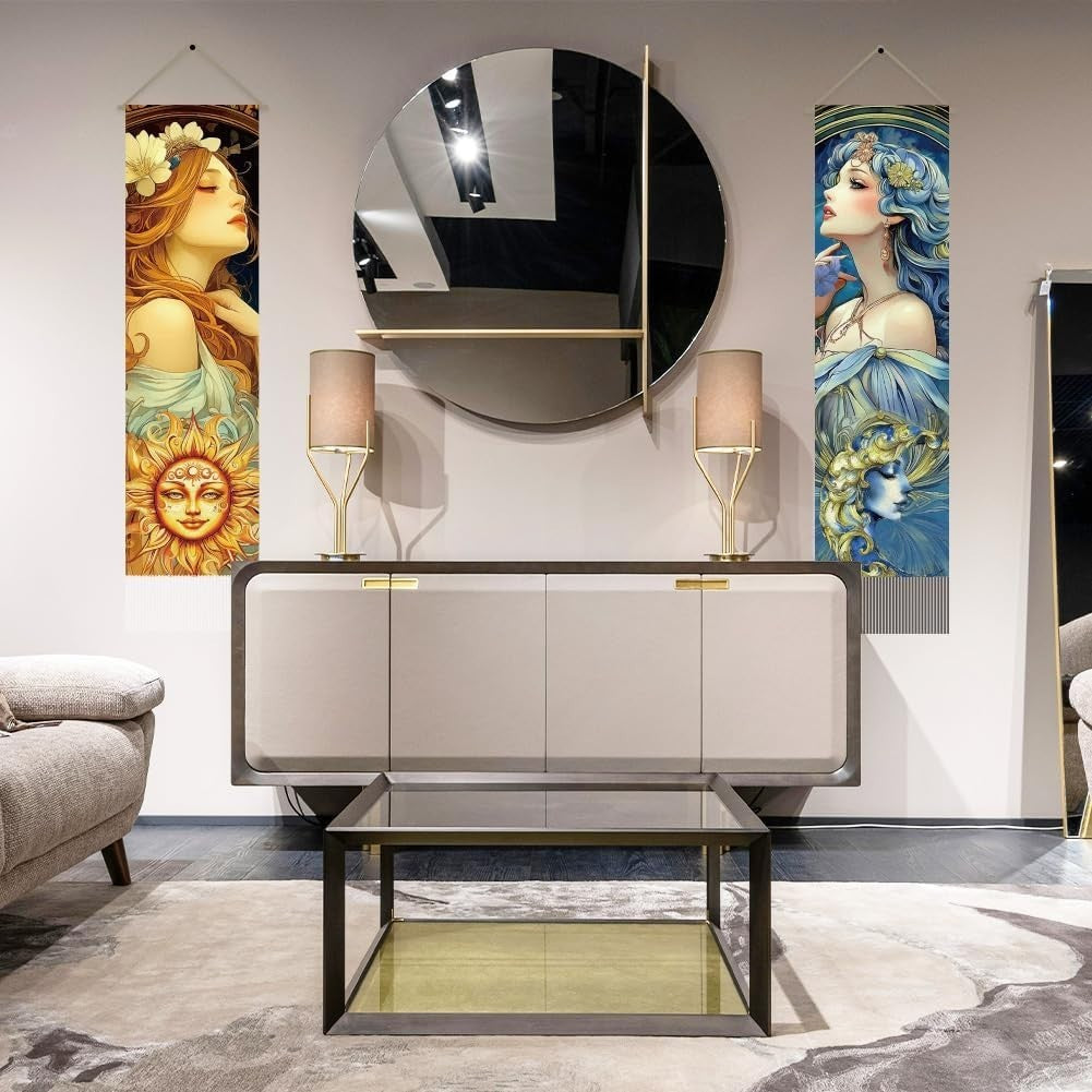 Boho Sun Moon Woman Tapestry 2pcs 45.7x13in Vertical Wall Decor