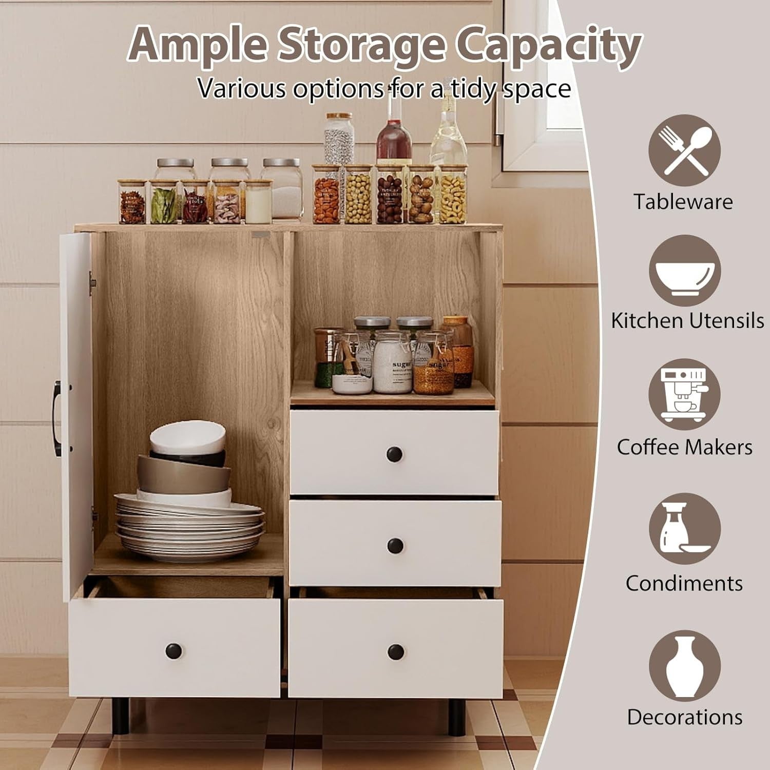 Modern 4 Drawer Sideboard Cabinet White & Natural with Open Shelf & Anti-Tip