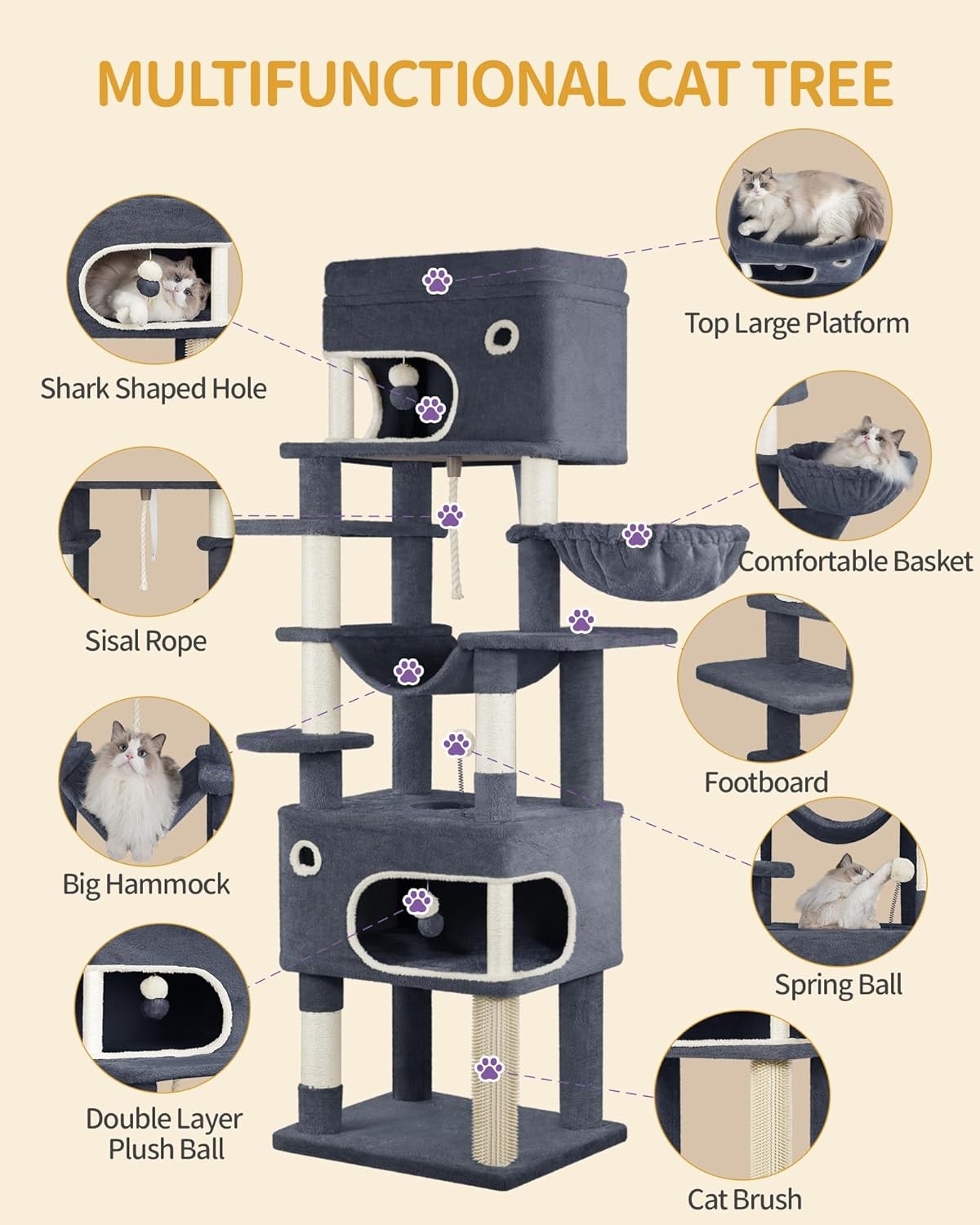 178cm Tall Cat Tree Tower Multi-Level Scratching Posts Condos Large Cats