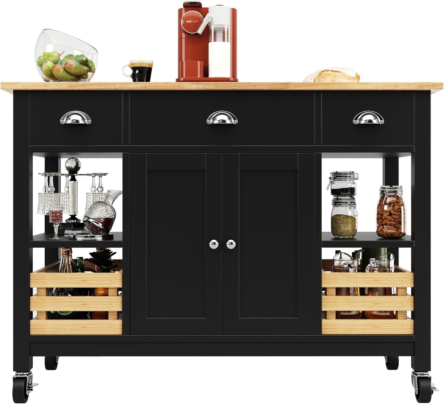 Kitchen Island Trolley with Cabinet, 3 Drawers & Spice Rack, 45x120x90cm
