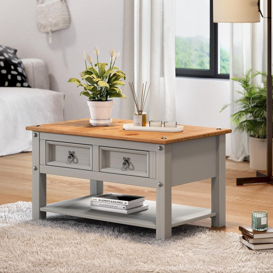 Grey Wax Coffee Table with 2 Drawers & Shelf – Solid Pine, Rustic Storage