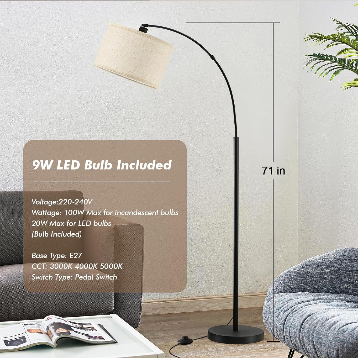 Black Arc Floor Lamp Adjustable Head Tall Standing Light with Fabric Shade