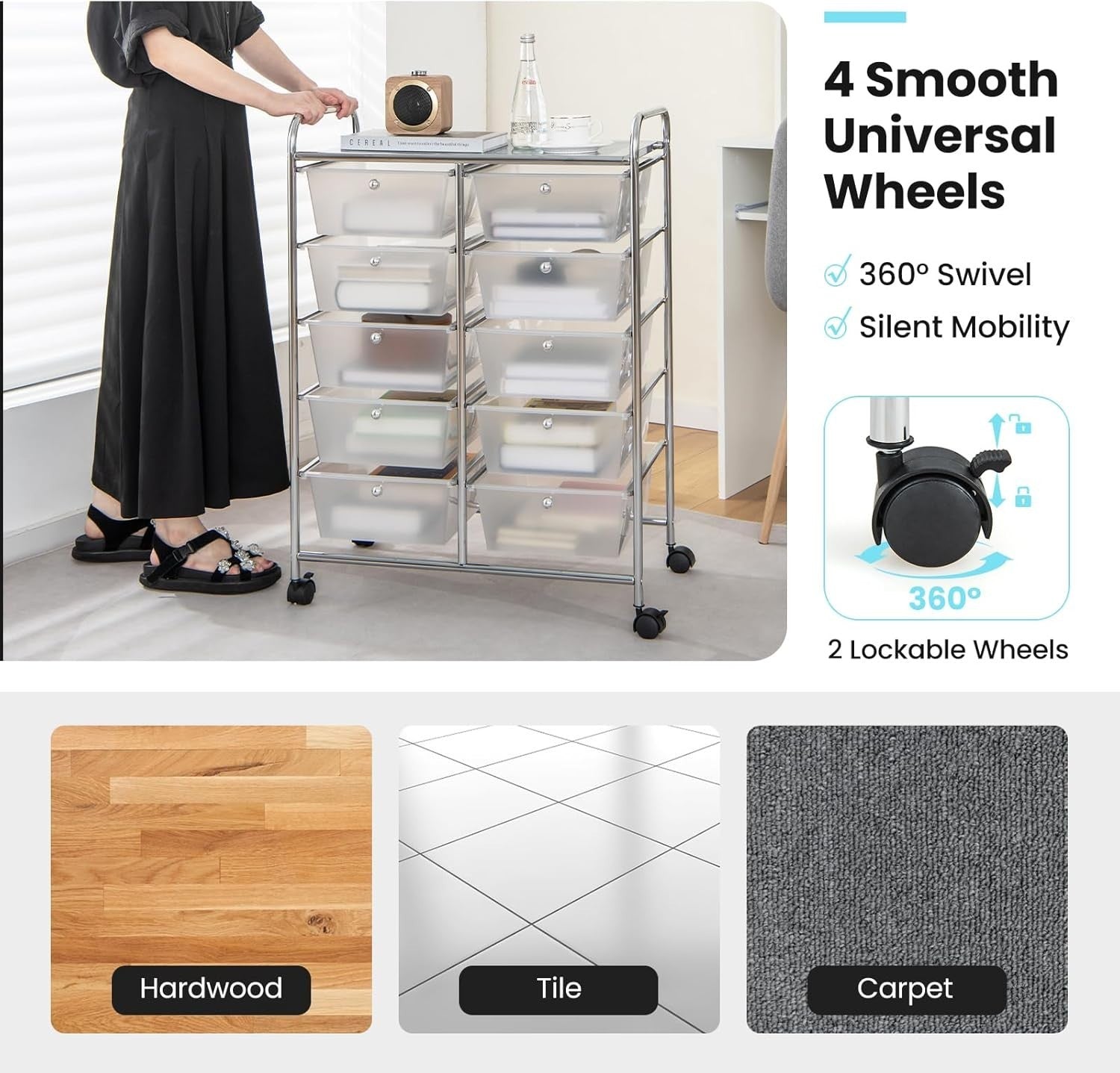 10 Drawer Rolling Storage Cart Utility Organizer Trolley Lockable Wheels