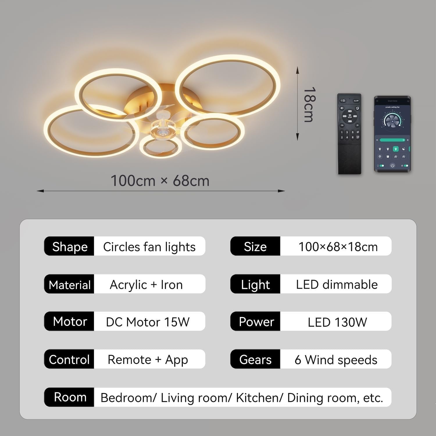 ycwdcz 100CM Smart Ceiling Fan with Light, Gold, 6-Speed, Remote, LED