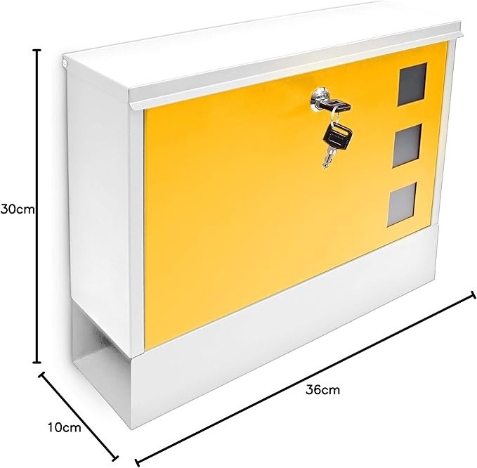 Lockable Wall Mounted Mailbox with Keys – Modern Metal Letterbox, White-Yellow
