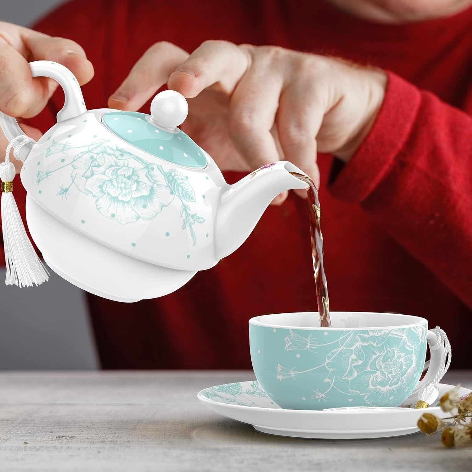 Tea for One Teapot Cup Saucer Set 350ml Vintage Floral Turquoise Gift