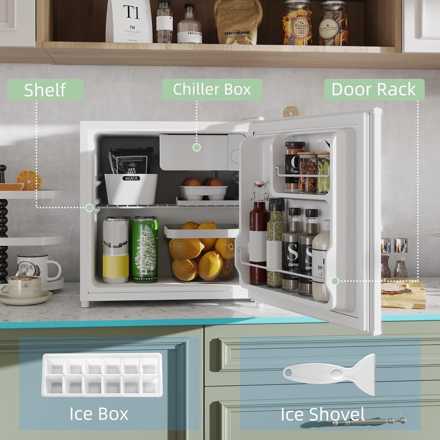 46L Mini Fridge Countertop Cream White Freezer Ice Box Reversible