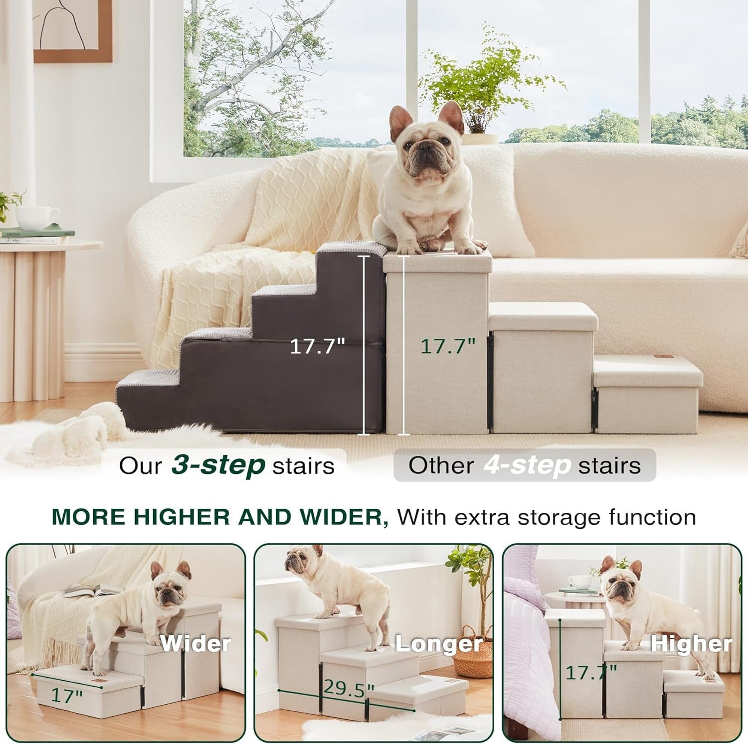 Dog Stairs 3 Step with Storage 18" High Foldable Pet Steps Beige