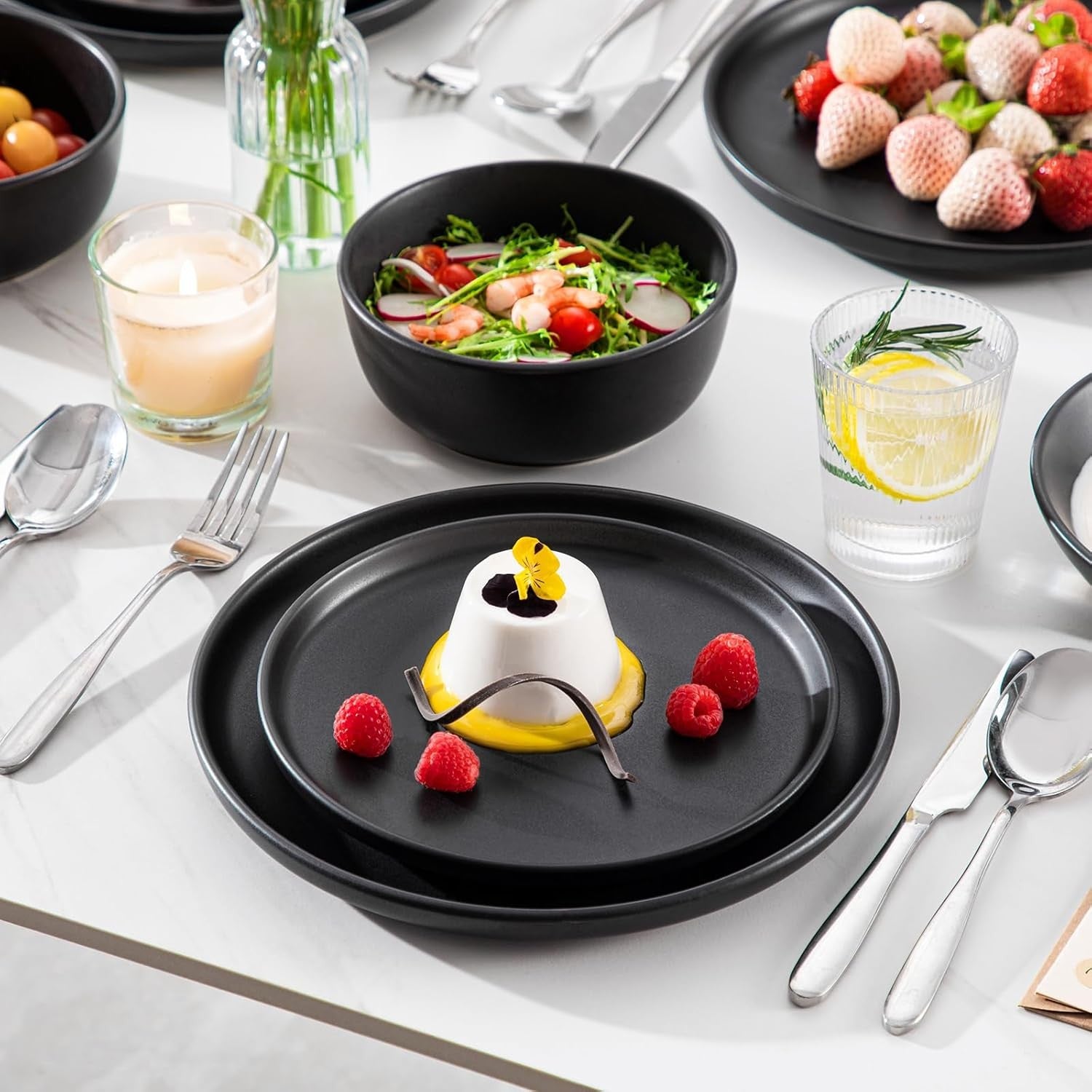 24pc Black Stoneware Dinner Set Matte Glaze Plates Bowls Microwave Safe