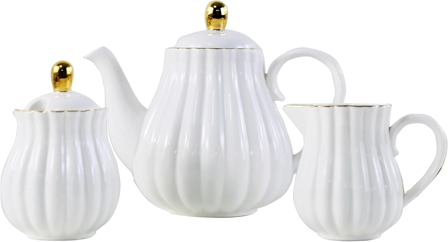 Porcelain Tea Set Teapot Milk Jug Sugar Bowl White Coffee Tea Set