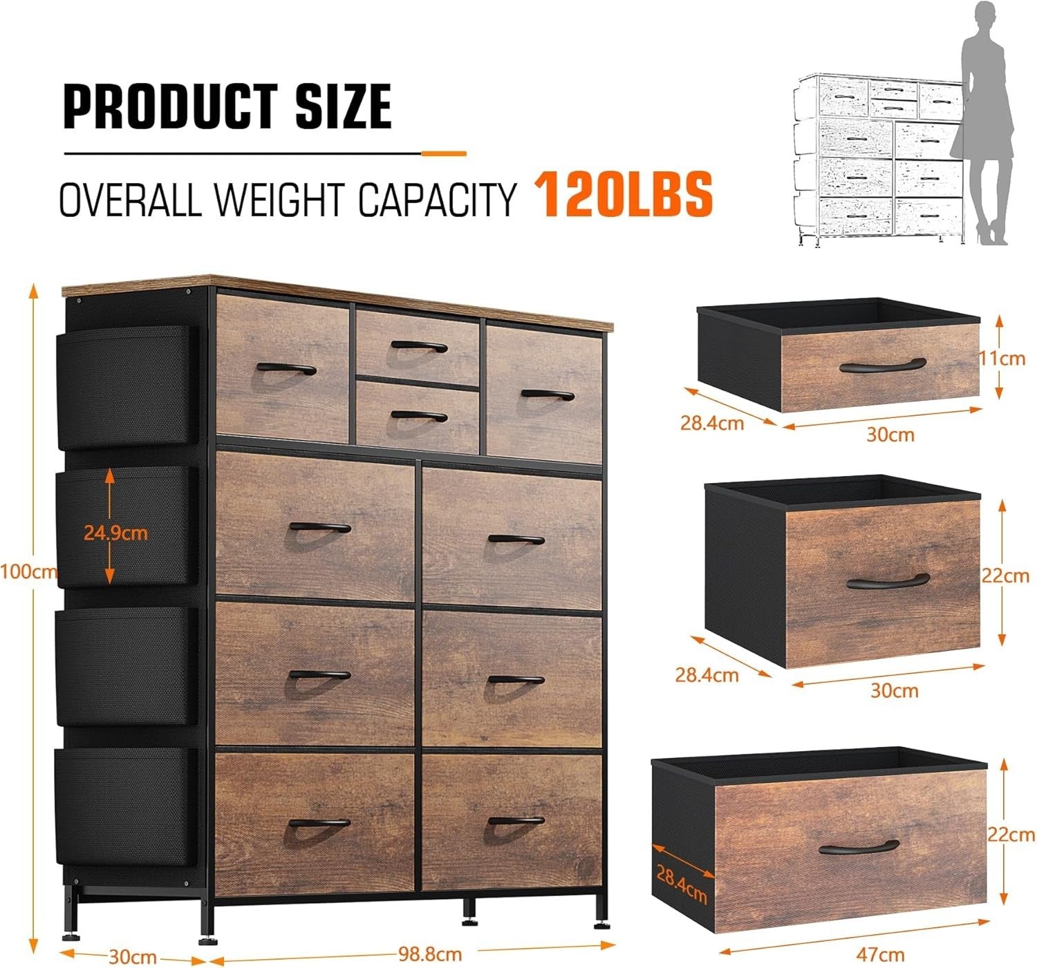 Rustic Brown 10-Drawer Tall Chest Storage Dresser with Side Pockets & Hooks