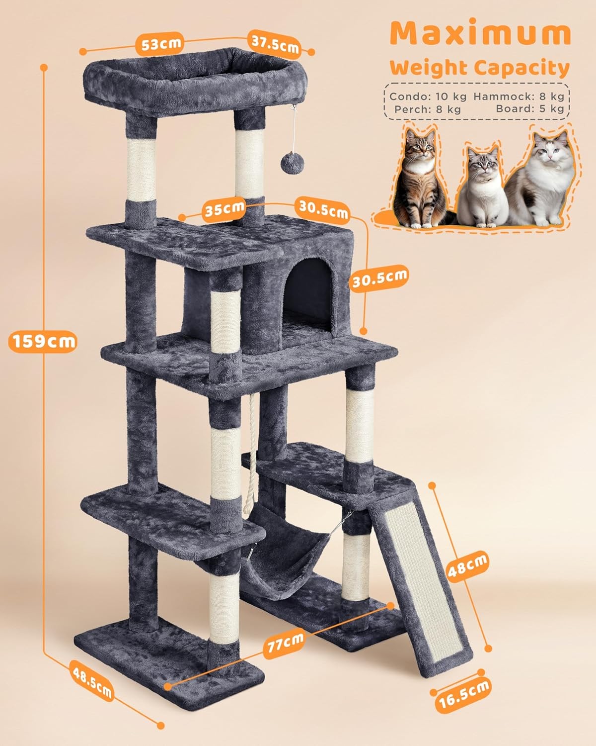 Large Cat Tree 159cm Multi Level Tower With Hammock Scratching Posts