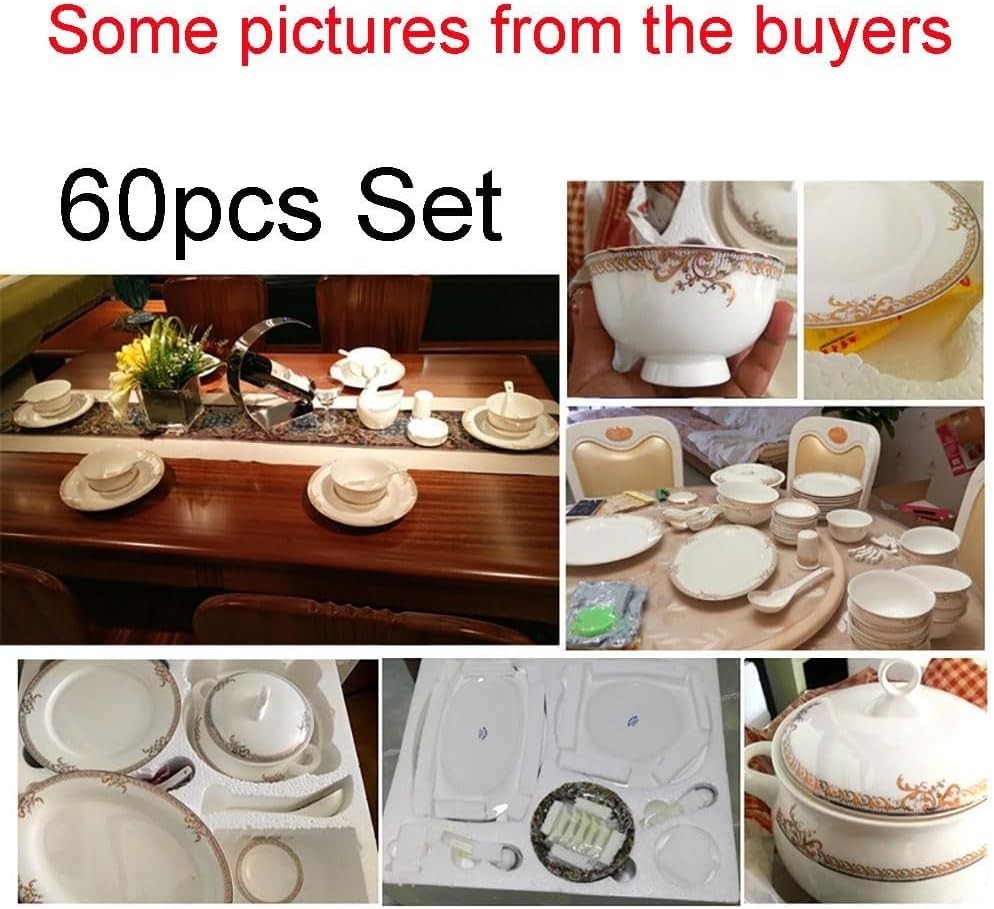 60 Piece Luxury Dinner Set Gold Rim Porcelain Plates Bowls Handmade China