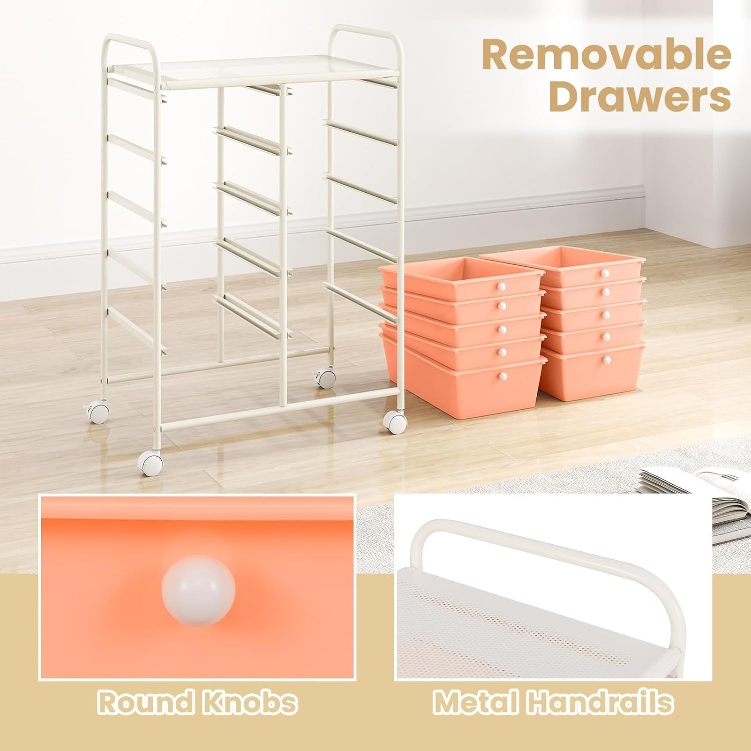 10 Drawer Peach Storage Trolley Rolling Organizer Cart with Wheels