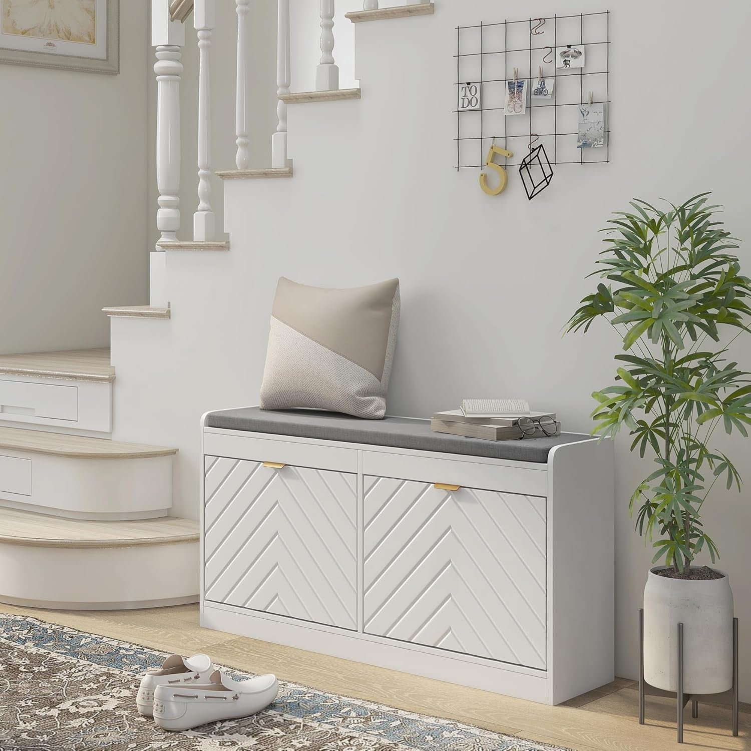 Slim Shoe Storage Bench with Padded Seat, 2 Flip Drawers, Holds 8 Pairs