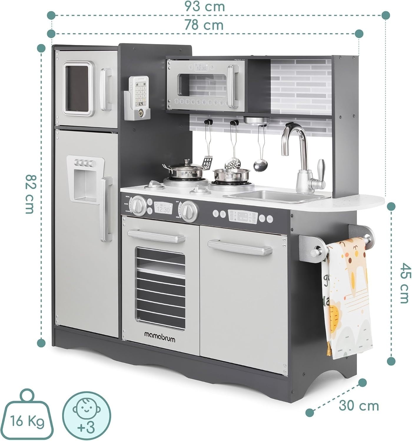 Wooden Kids Play Kitchen LED Lights Pretend Cooking Set Grey Toy