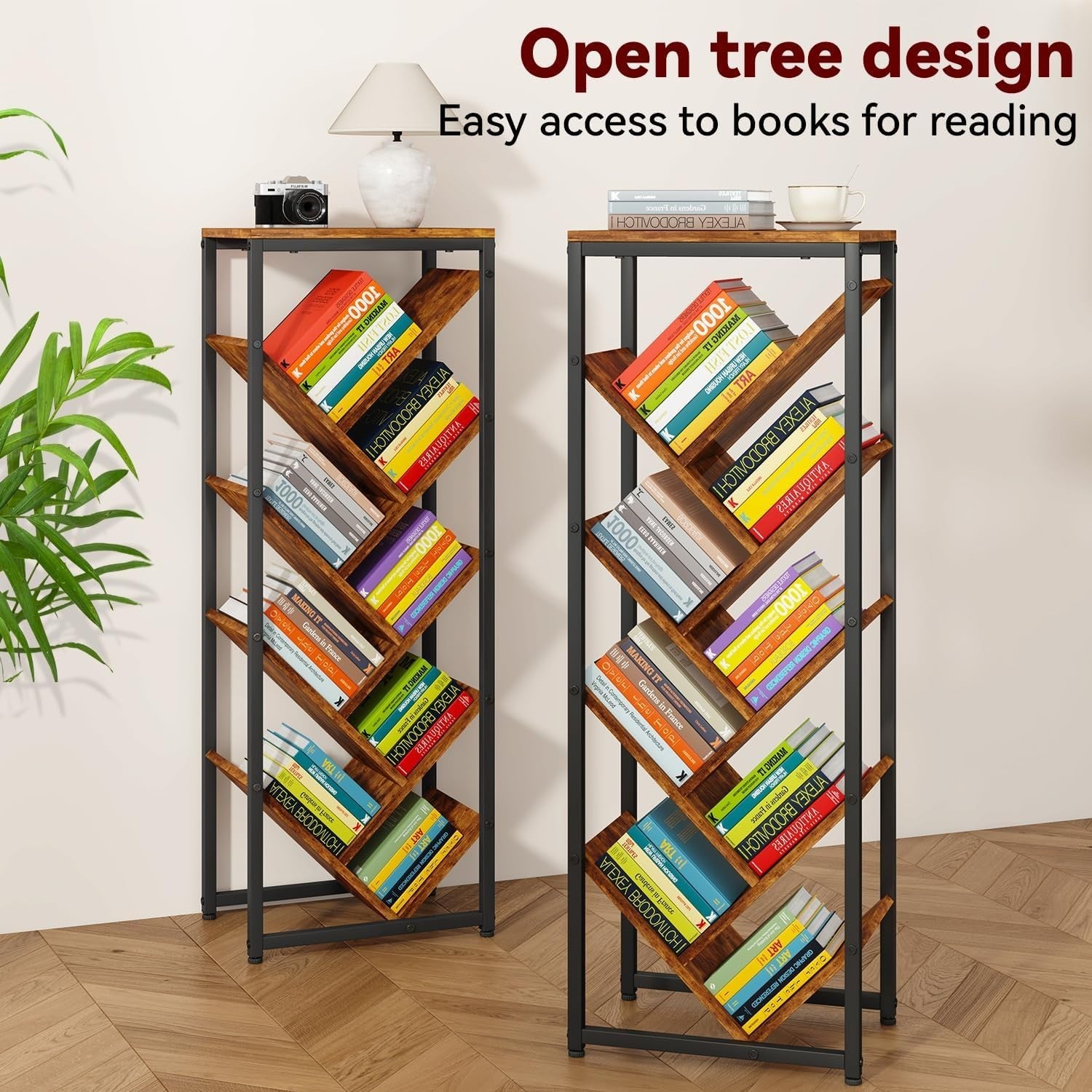 9-Tier Rustic Brown Tree Bookshelf Narrow Space Floor Standing Shelf