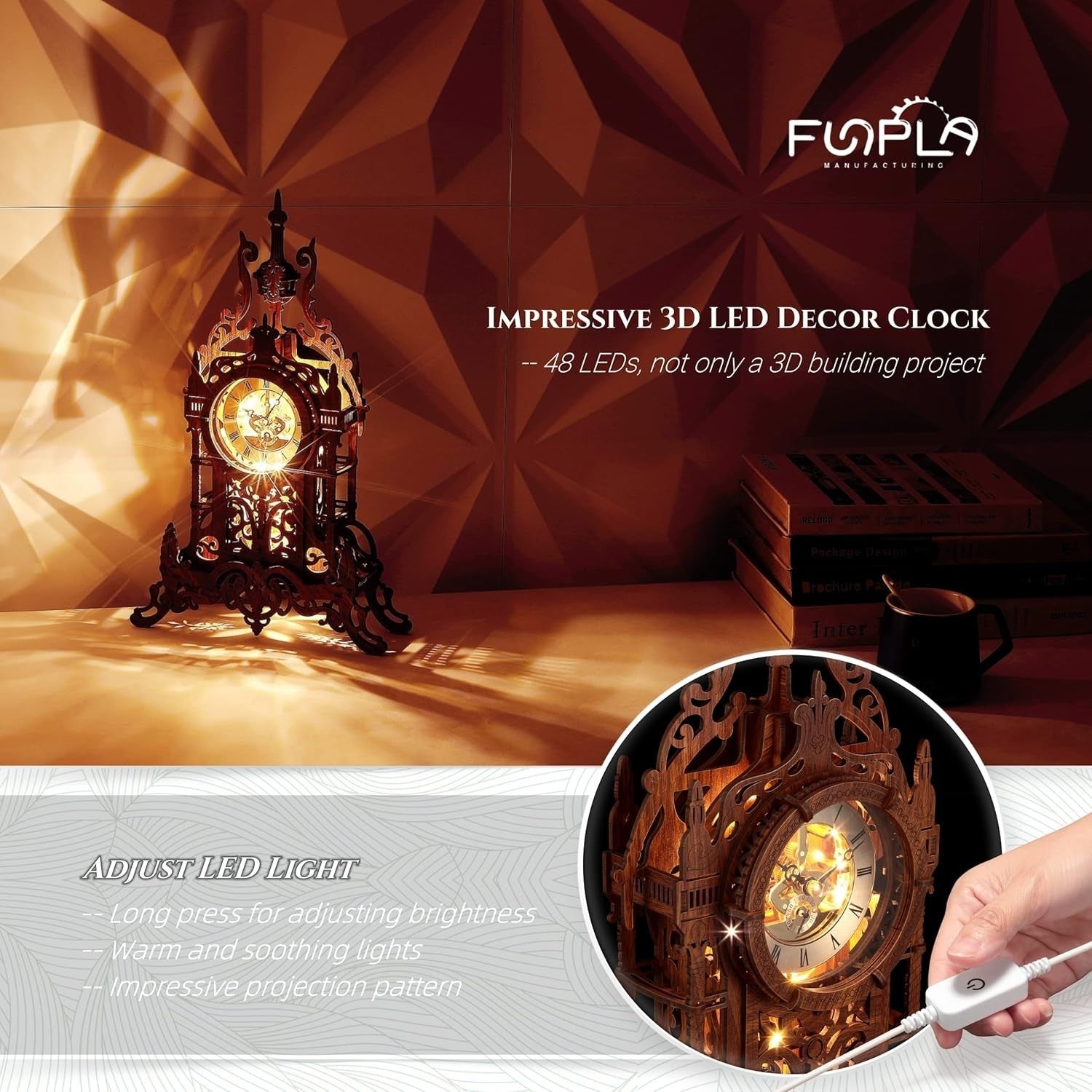 3D Wooden Tower Clock Puzzle with LED Light, DIY Home Decor Kit