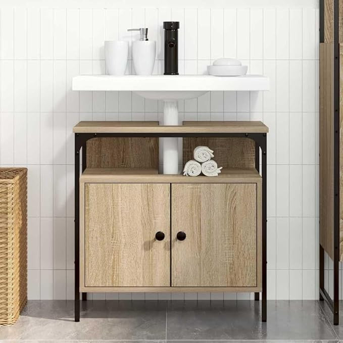 Beige Bathroom Sink Cabinet 60cm Vanity Unit Storage Cupboard with Metal Legs