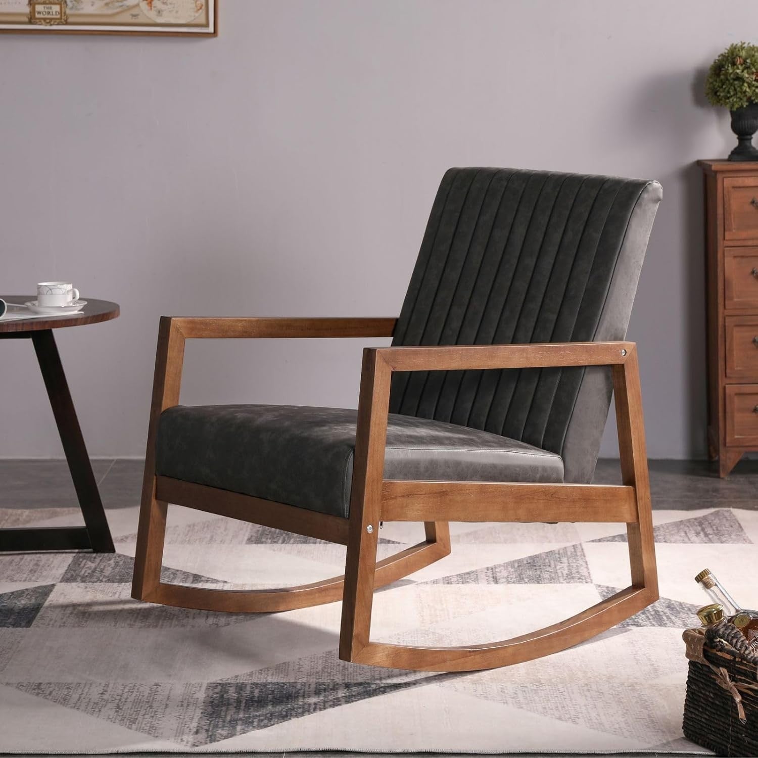 Grey PU Leather Rocking Chair with Walnut Frame - Comfortable & Durable