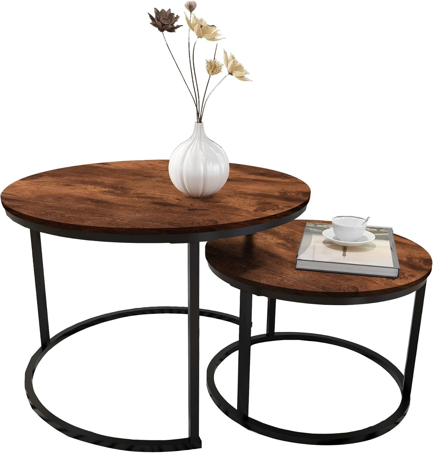 Nesting Coffee Table Set Brown Wood Round Space Saving Side End Table