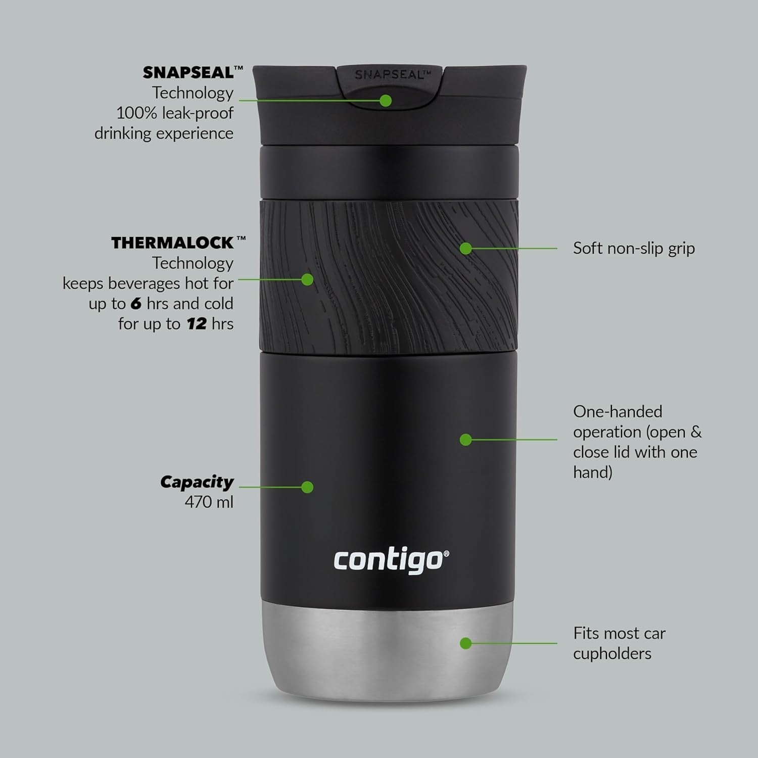 Insulated Travel Mug 470ml Licorice Black Leakproof Thermal Cup