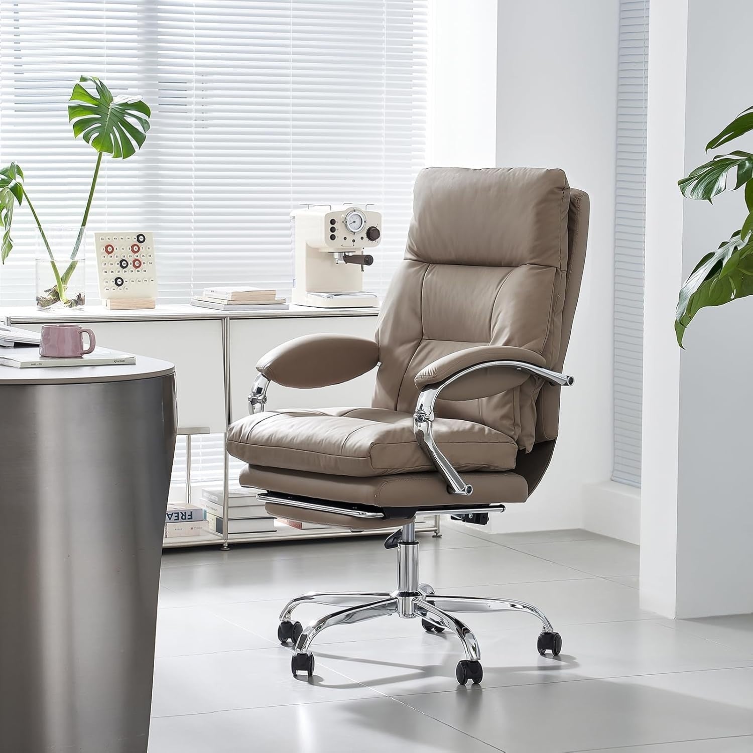 Khaki High Back Office Chair Reclining Executive Desk Chair w/Footrest Pillow
