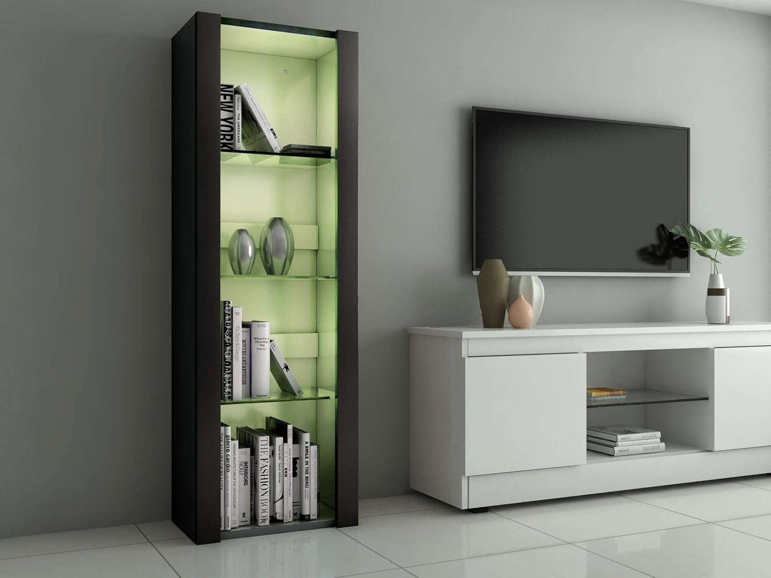 Tall Display Cabinet Glass Shelves RGB Light Black 165cm Bookcase Unit