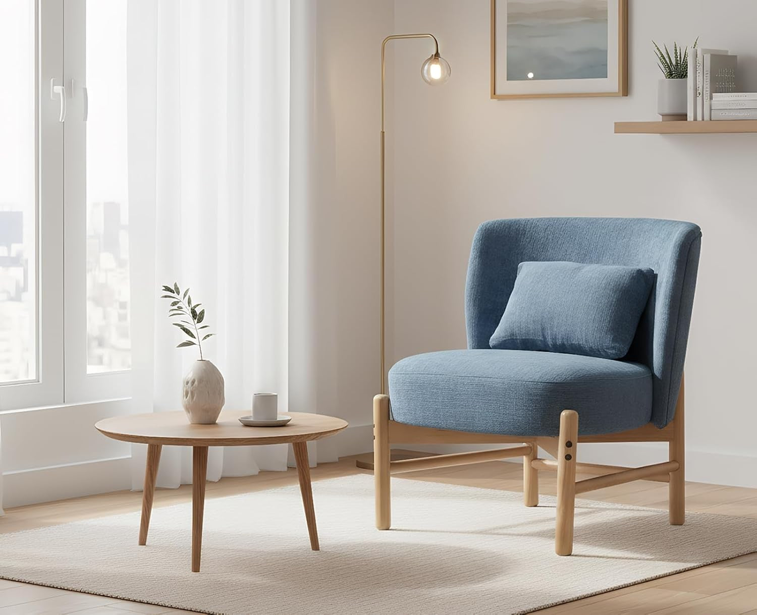 Blue Chenille Accent Chair Armless Tub Chair with Pillow & Wood Legs