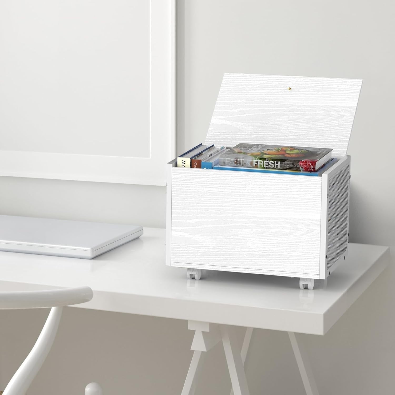 Rolling File Cabinet on Wheels Under Desk Storage Organizer Wooden White Home