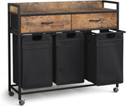 3 Compartment Laundry Sorter on Wheels with Drawers Rustic Brown Black 106cm