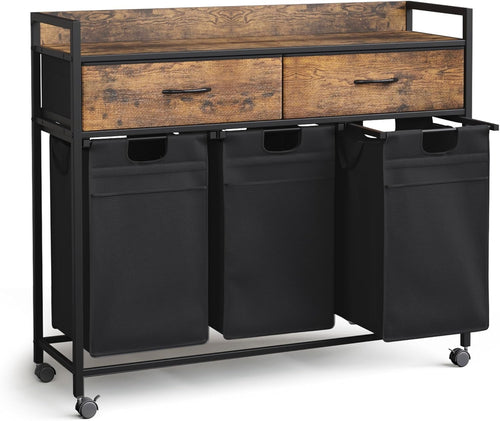 3 Compartment Laundry Sorter on Wheels with Drawers Rustic Brown Black 106cm
